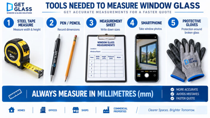 infographic of tools required to measure windows for glass replacement Get Glass