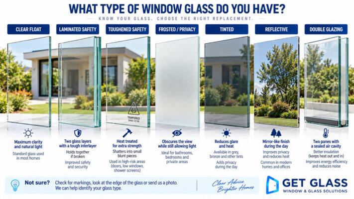 Infographic showing various glass types commonly used for glass replacement Get Glass