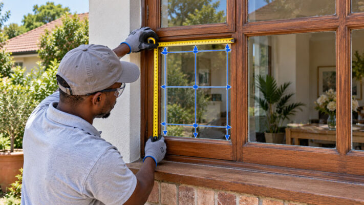 A worker measuring a wooden cottage pane window for glass replacement Get Glass