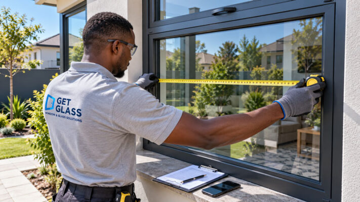 A worker measuring an aluminium window for glass replacement Get Glass