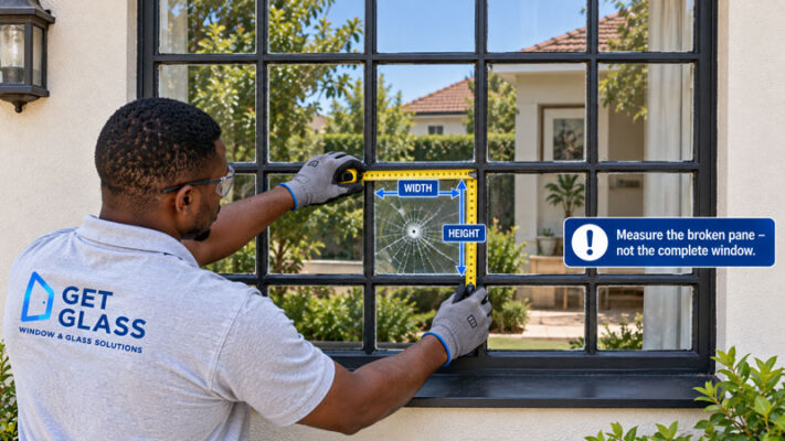 Image of a worker measuring a steel window for glass replacement Get Glass